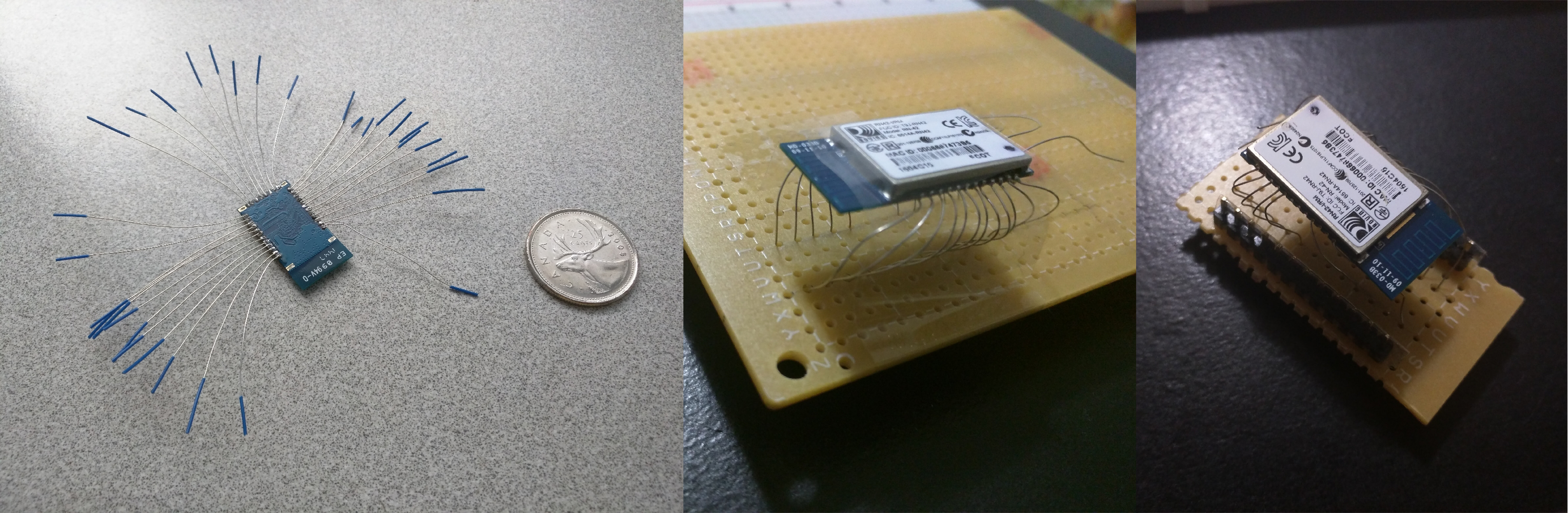 Making the Bluetooth module usable with a breadboard. From left to right: thin wires soldered to each pin of the module, wires bent through the openings in a perf board, soldered wires to the standard 0.5inch headers