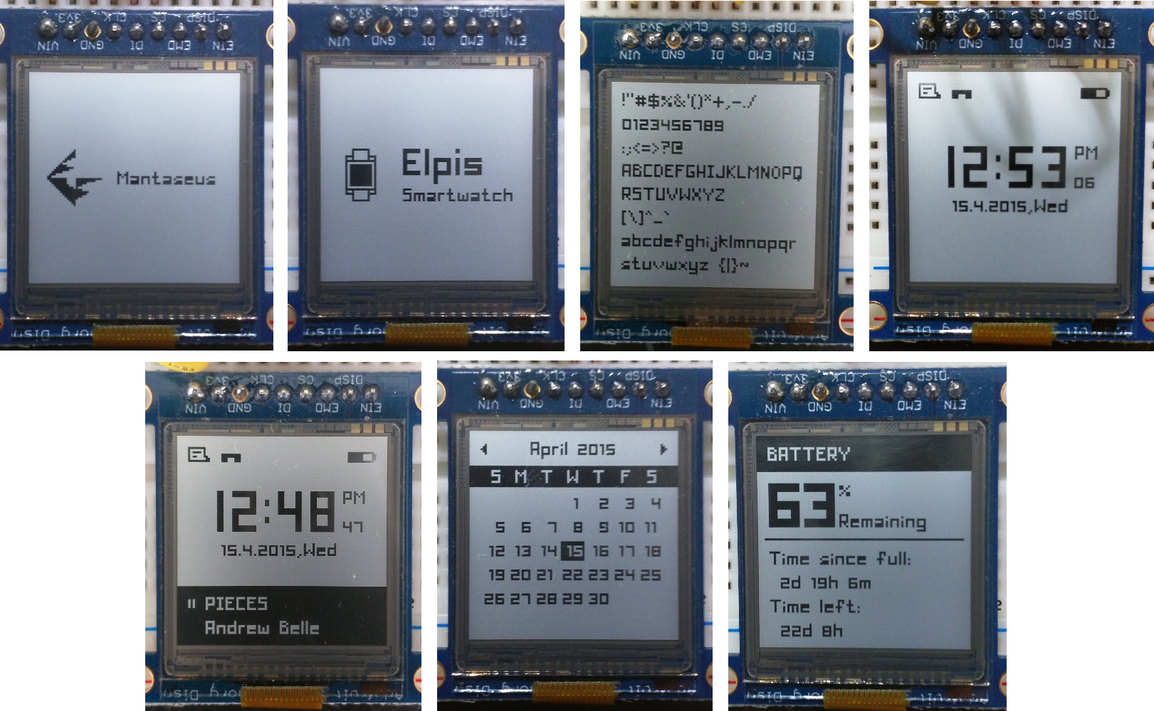 The various different things that can be displayed on the smartwatch display using my libraries. From top left to bottom right: My logo, product name and logo, all the ASCII characters that are recognized by my library, the main watch face, the main watch face with music information, month based calendar with today's date, battery information.